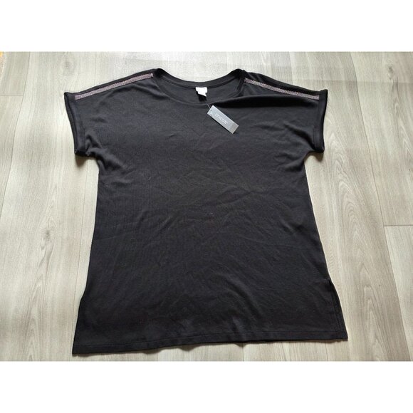 Chicos Black Tunic Top W/Silver Accent Stripes Size 3 (18/20 XL) Short Sleeves - Picture 3 of 8